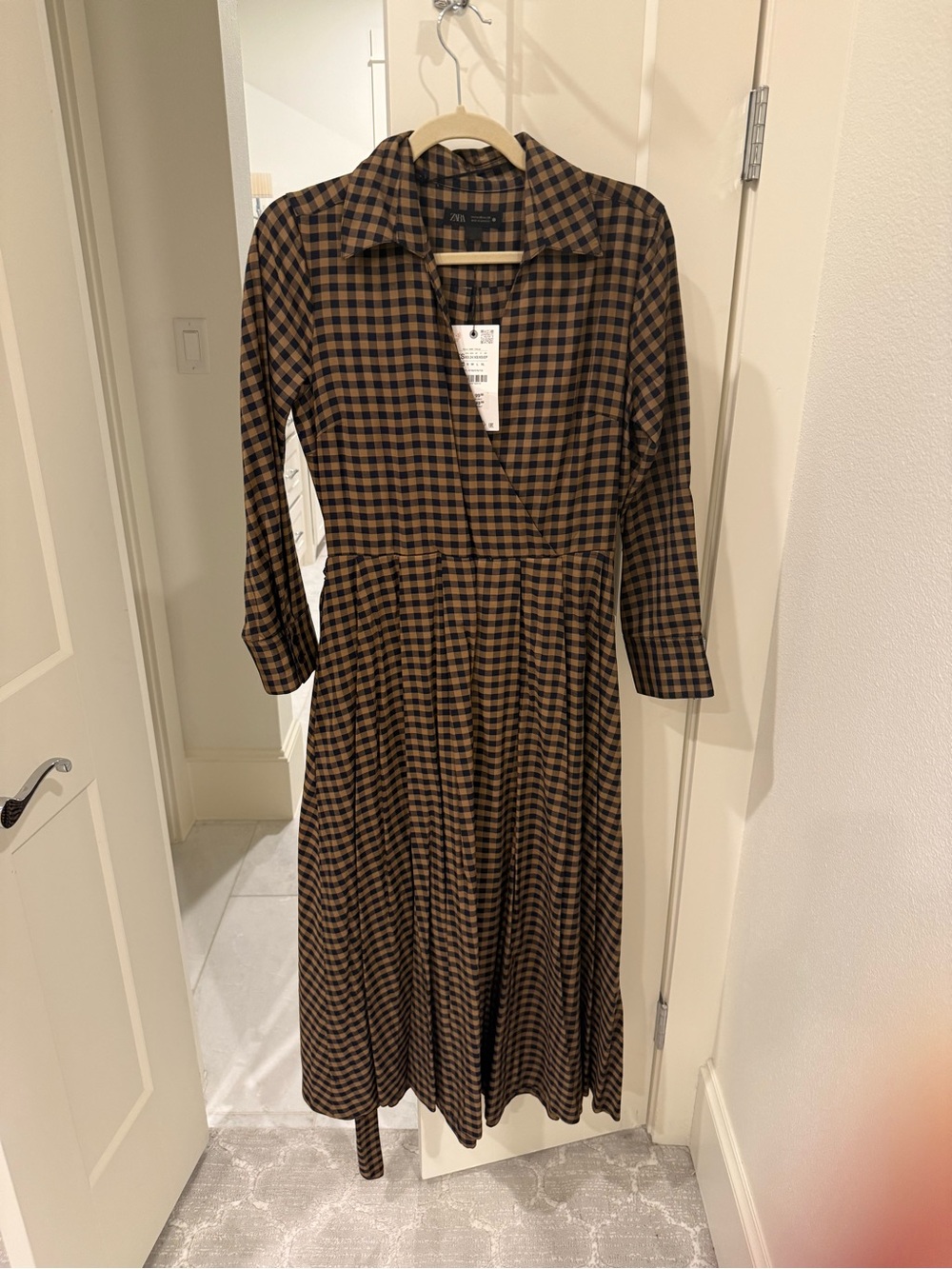 Zara Brown and navy Plaid Long Sleeve Wrap Dress